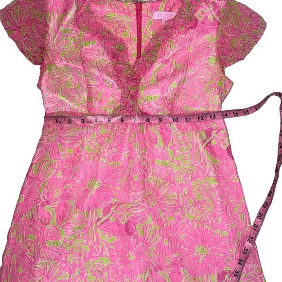 Lilly Pulitzer Silk Pink Green Floral Flutter Sleeve A-Line Dress V-Neck sz 00 - Picture 7 of 9